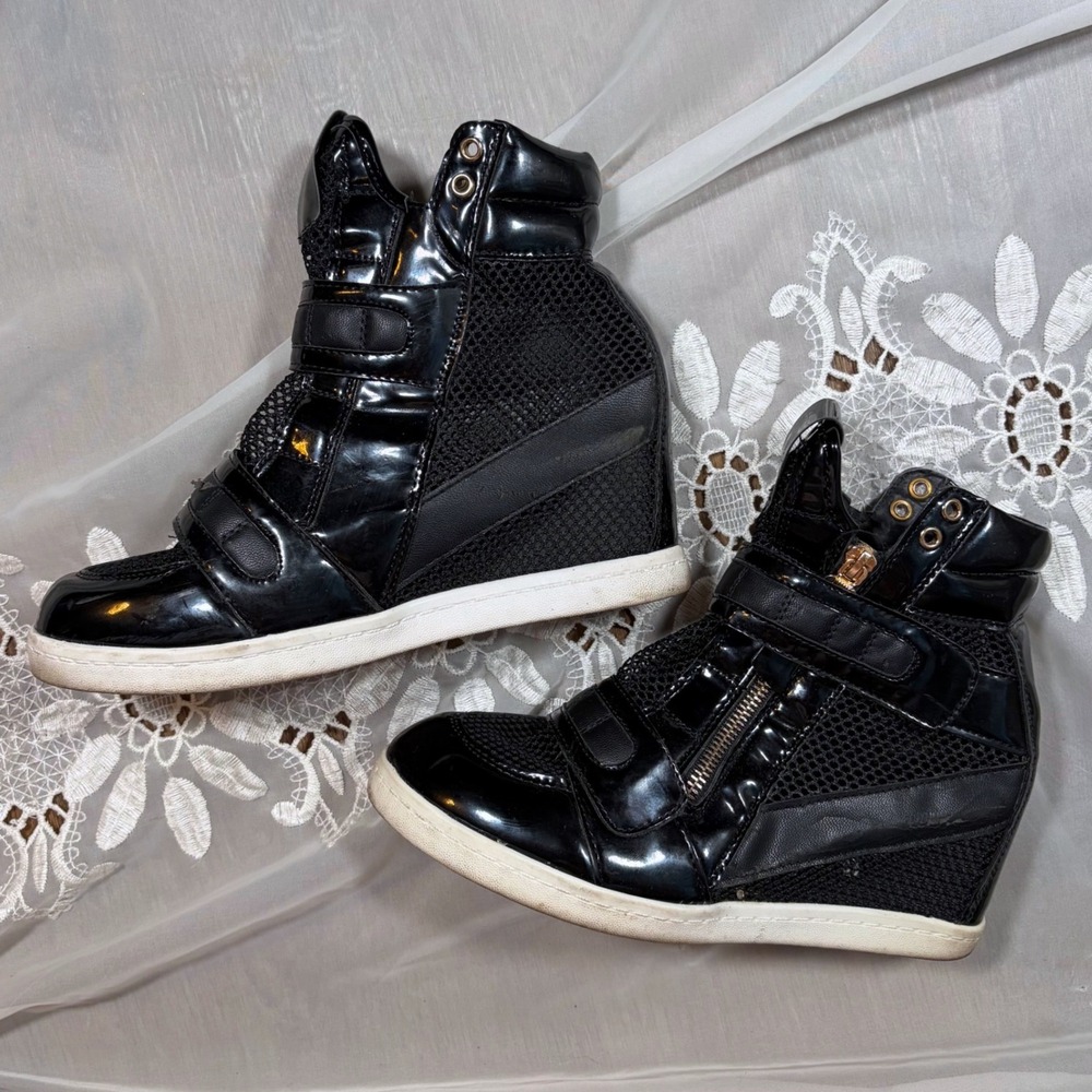Y2K Goth Subversive Black Patent Mesh Hidden Wedge High Top Sneakers Size 8